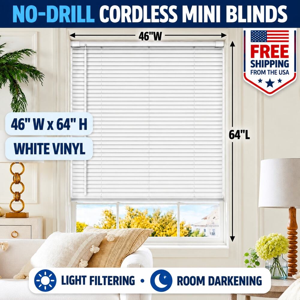 No Drill Cordless Mini Blinds 46" W X 64" H White Vinyl Blinds Horizontal Light